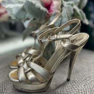 Saint Laurent Tribute sandal heels Brushed gold color